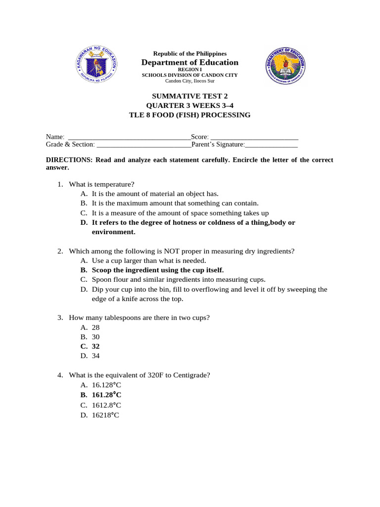 TLE 8 Summative Test: Food Processing | PDF | Tablespoon