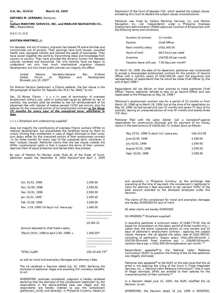 OFW Dismissal Case: Serrano vs. Gallant | PDF | Employment | Suspect ...