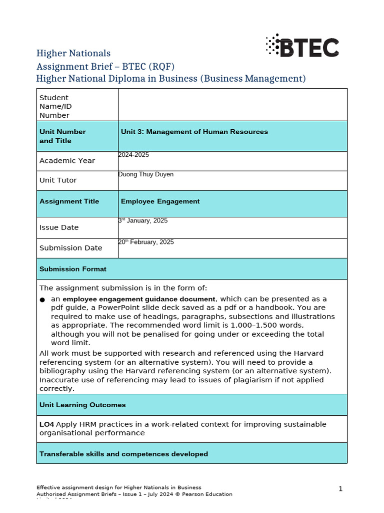 UNIT 3 - Assignment Brieft 2 of 2 - HRM - BTEC | PDF | Employee ...