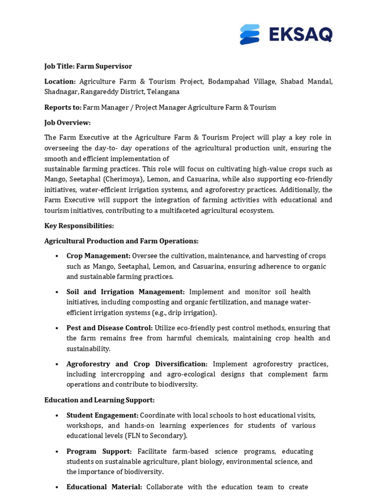Farm Supervisor JD - EKSAQ | PDF | Agriculture | Sustainable Agriculture