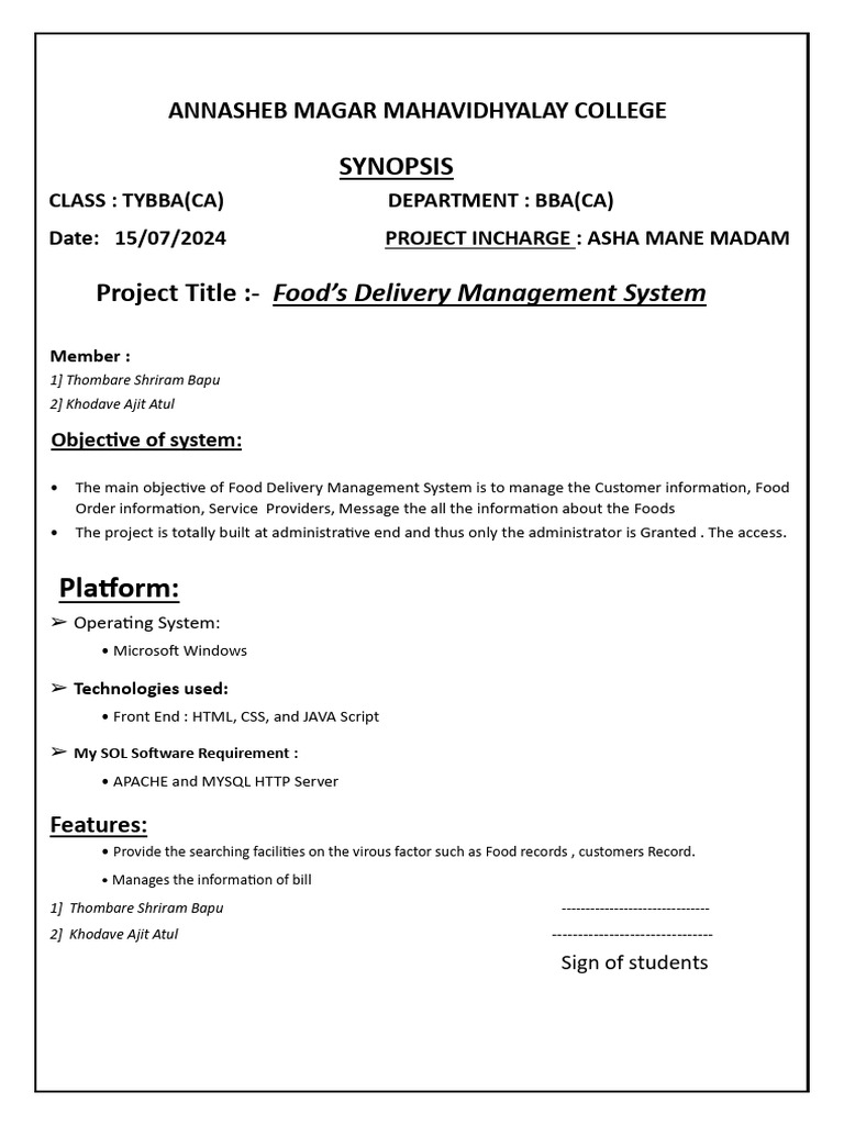 Food Delivery Management System Project | PDF