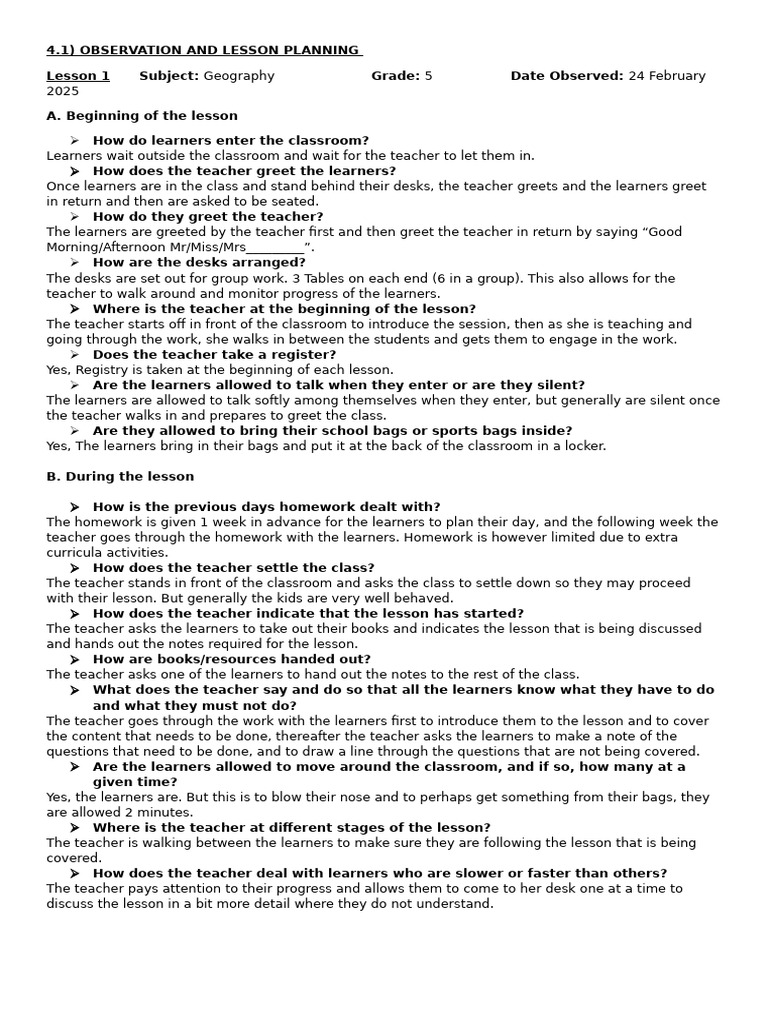 Geography Lesson Planning Observation | PDF | Classroom | Teachers
