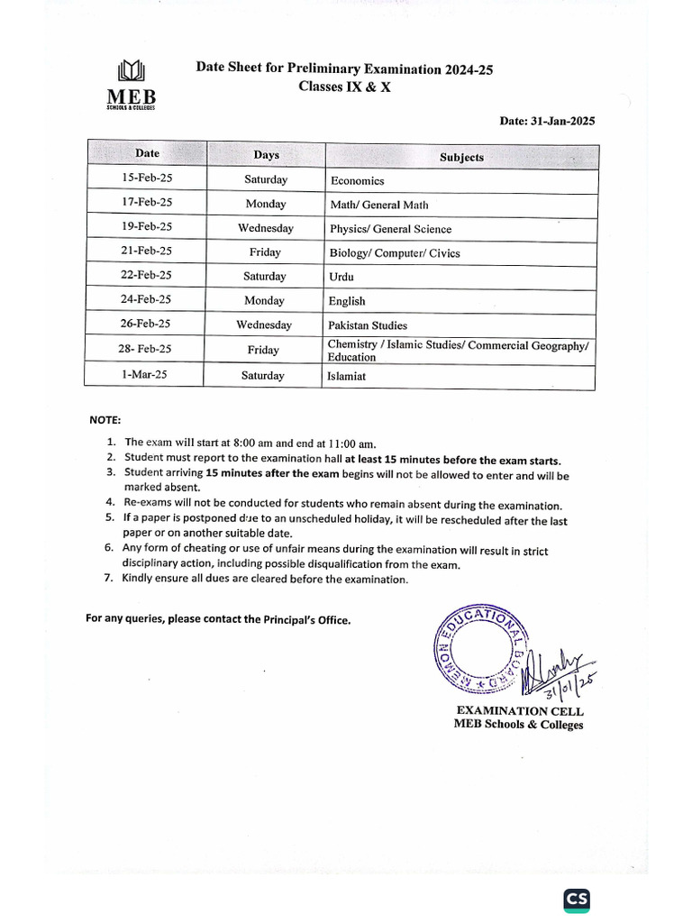 Date Sheet For Preliminary Examination (2024-25) | PDF