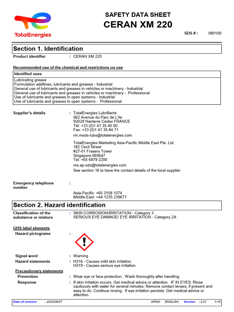 CERAN XM 220 - 080100 - APMO - English - 20230607 | PDF | Toxicity | Oxide