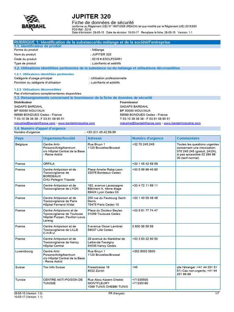 Fiche de sécurité JUPITER 320 REACH | PDF | Substances chimiques | Chimie