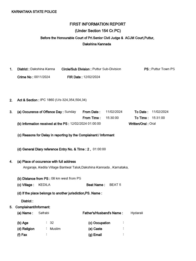 Karnataka FIR Report - Crime No. 0011/2024 | PDF | Misconduct | Legal ...