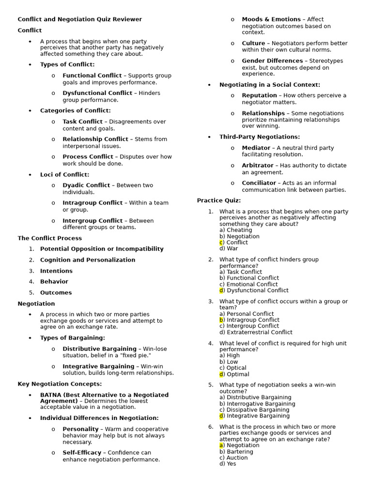 Conflict and Negotiation Study Guide | PDF | Conflict (Process ...