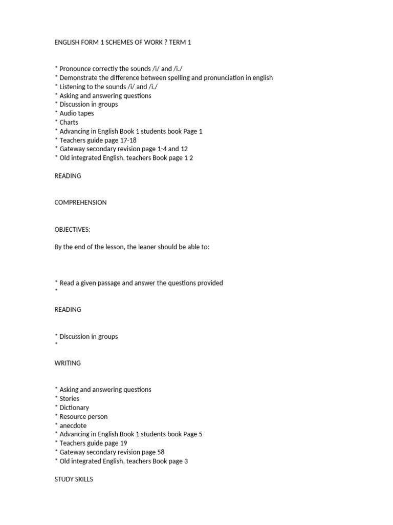 English Form 1 Term 1 Lesson Plans | PDF | Reading Comprehension ...