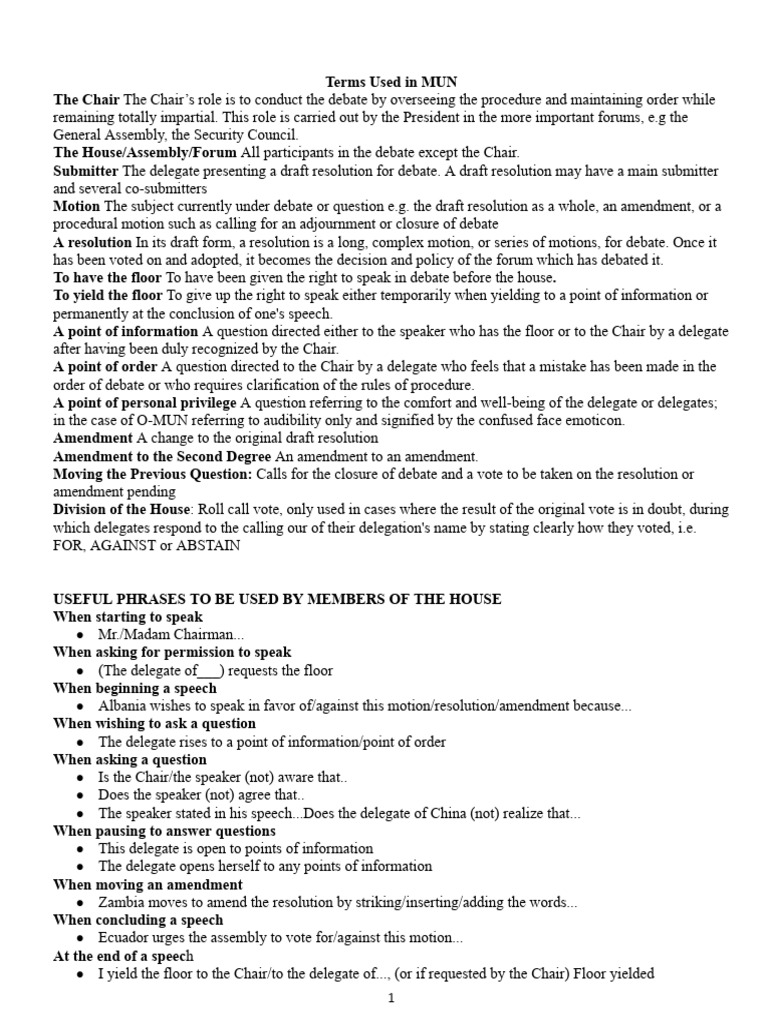 MUN Terms and Procedures Explained | PDF | Government | Political Law