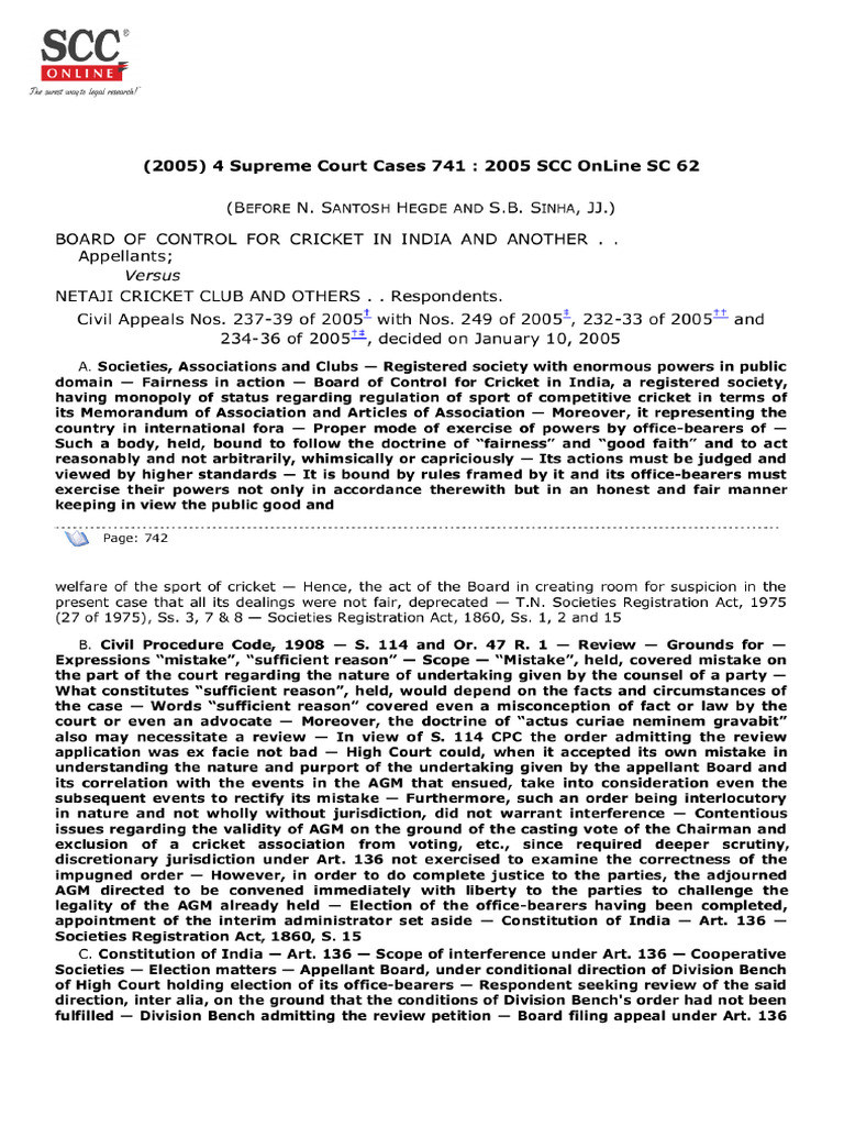 BCCI vs Netaji Cricket Club Overview | PDF | Governance | Government ...