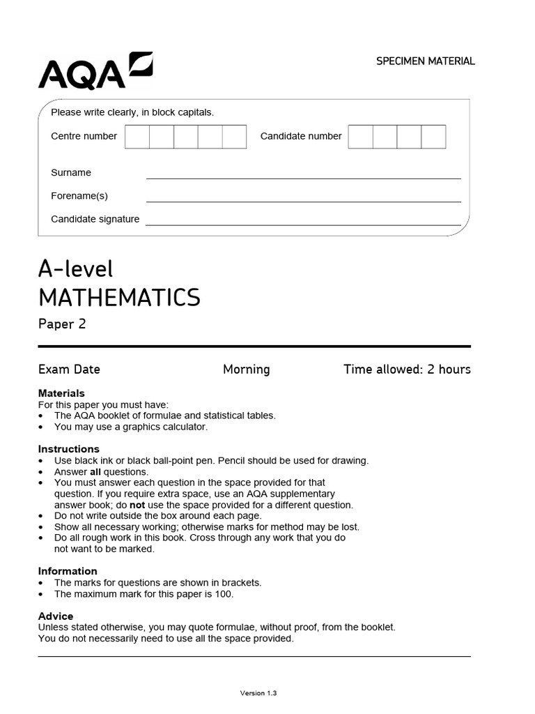 A-level Mathematics Paper 2 Specimen | PDF | Mathematics