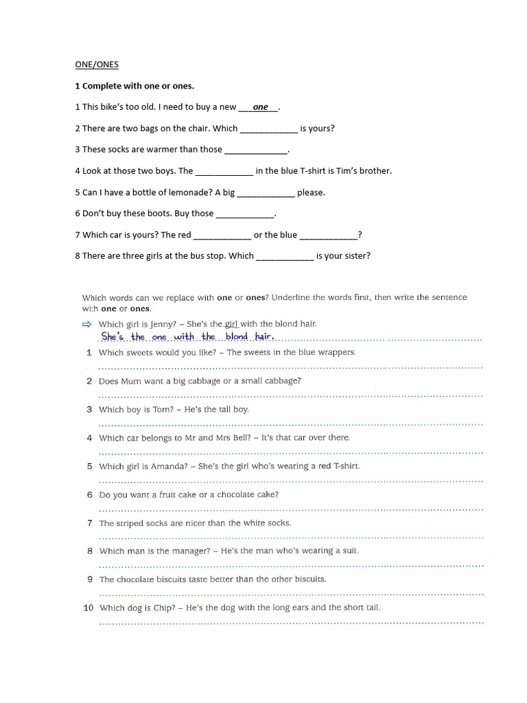 One/Ones Exercises Worksheet | PDF