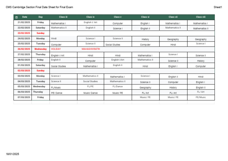 CMS Cambridge Final Exam Schedule 2025 | PDF