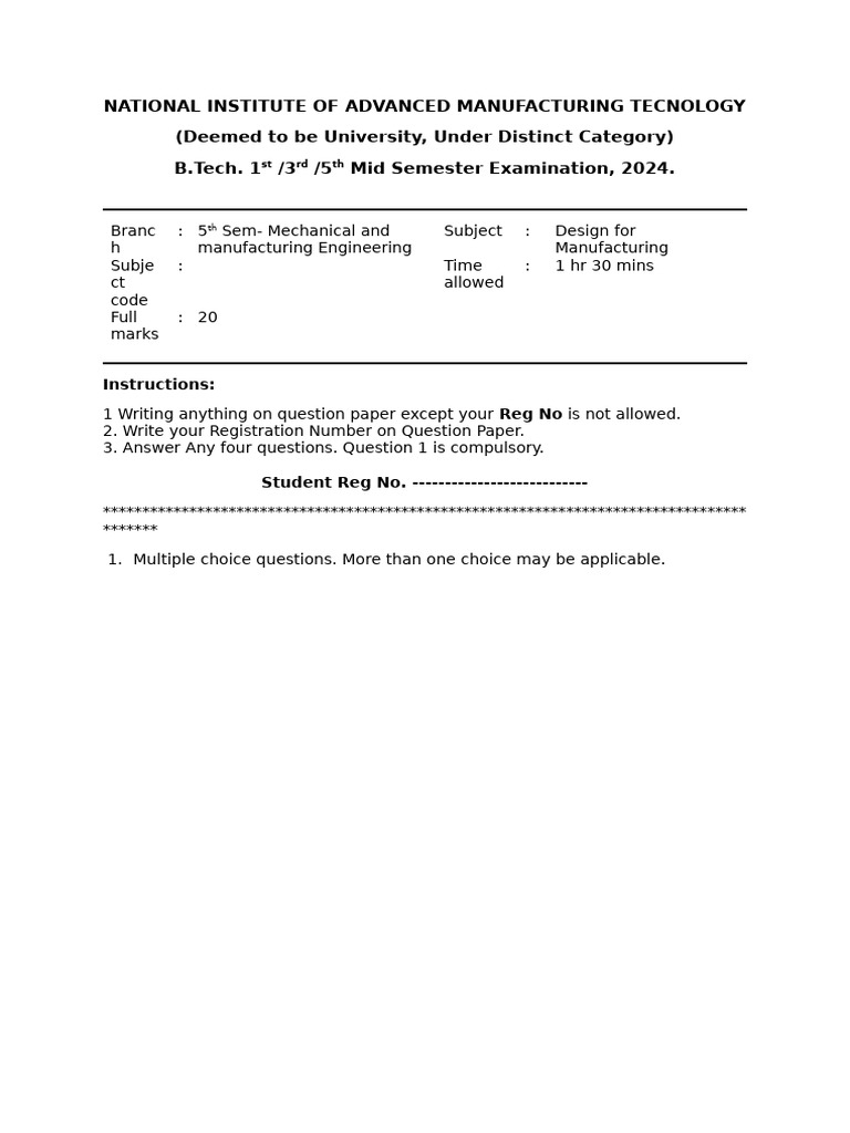 5th Sem Mid Exam: Design for Manufacturing | PDF