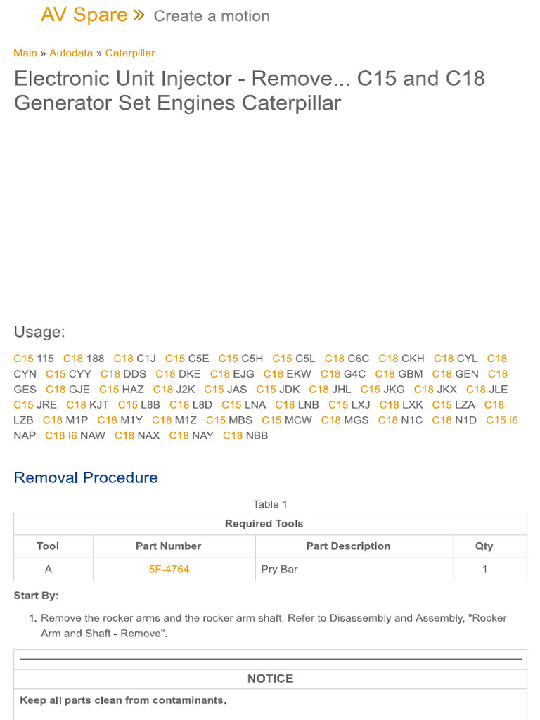 Electronic Unit Injector - Remove... C1... Set Engines Caterpillar ...