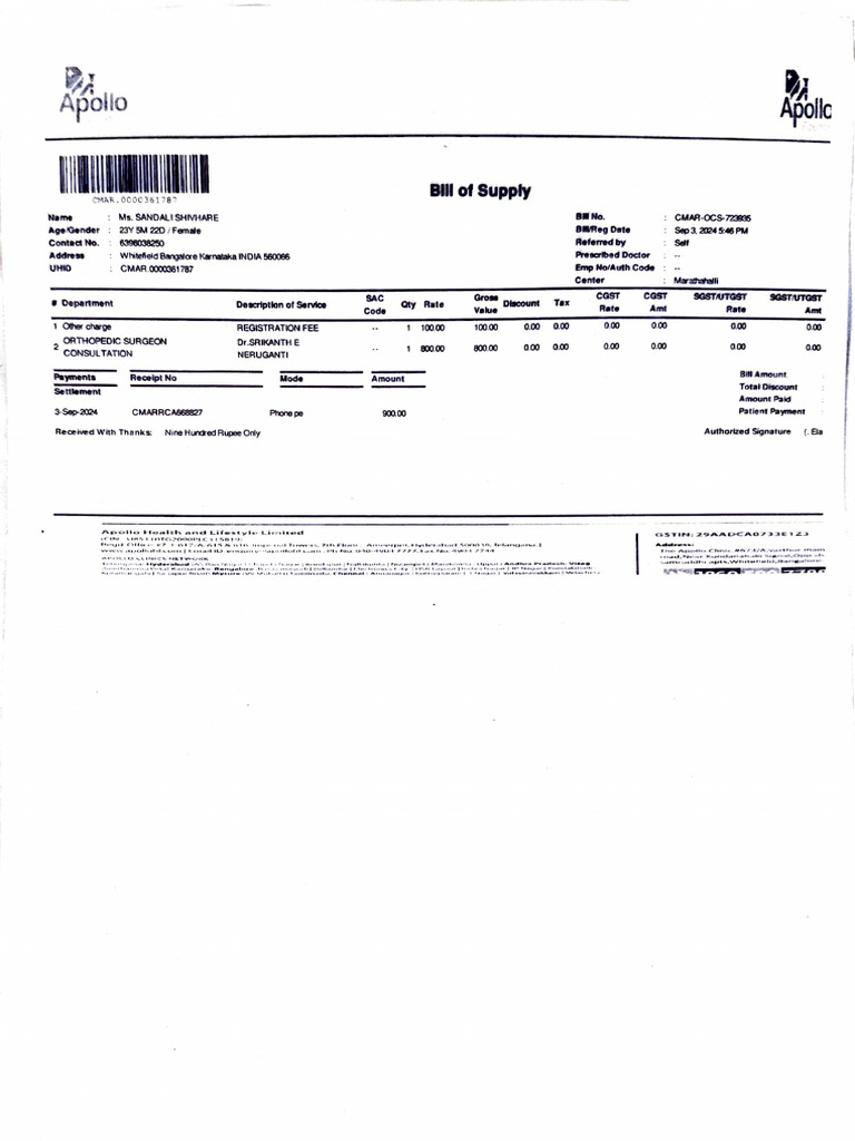 Orthopedic Consultation Receipt | PDF