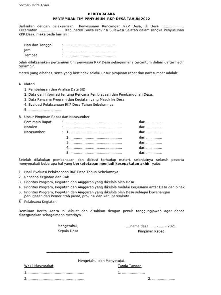 Format Berita Acara RKP Desa 2022 | PDF