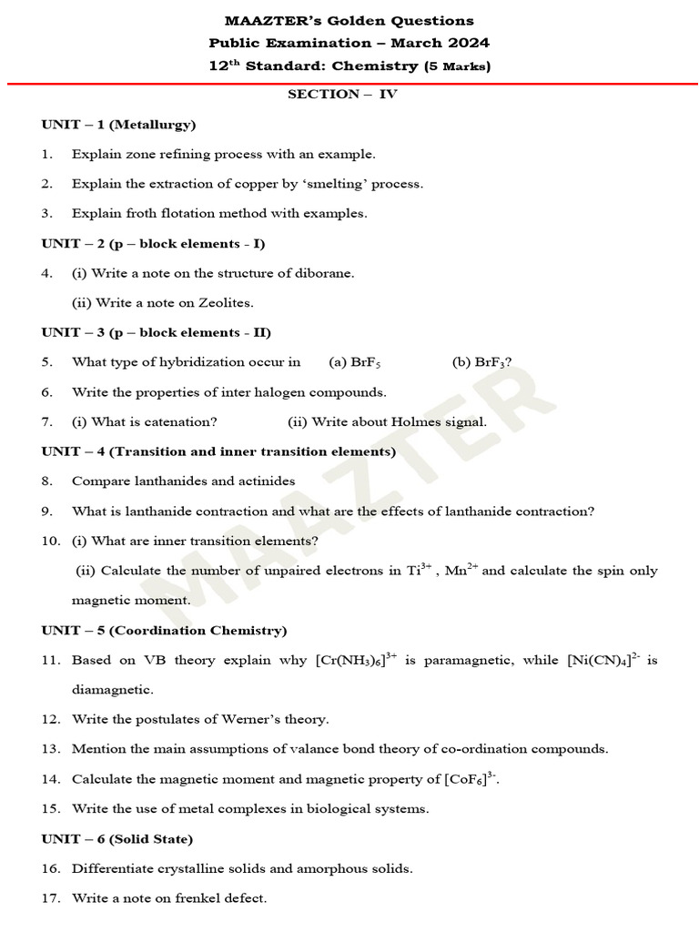 12th Chemistry Important 5 Mark Questions | PDF | Chemical Reactions ...