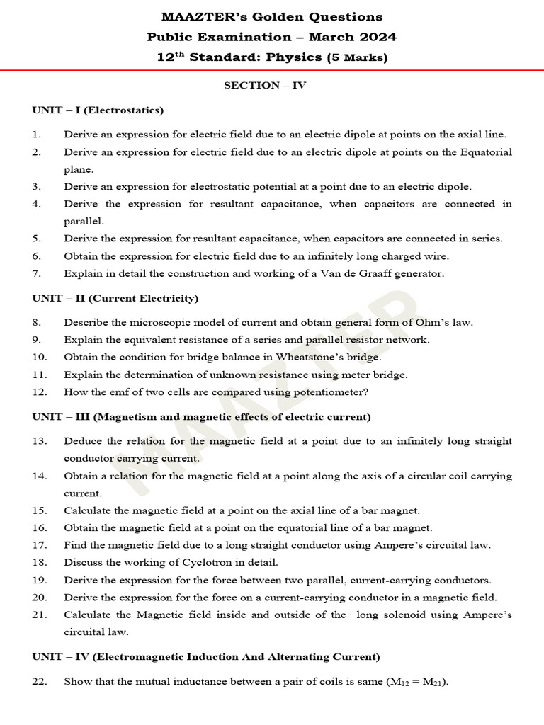 12th Physics Public Exam Questions 2024 | PDF | Electron | Magnetic Field