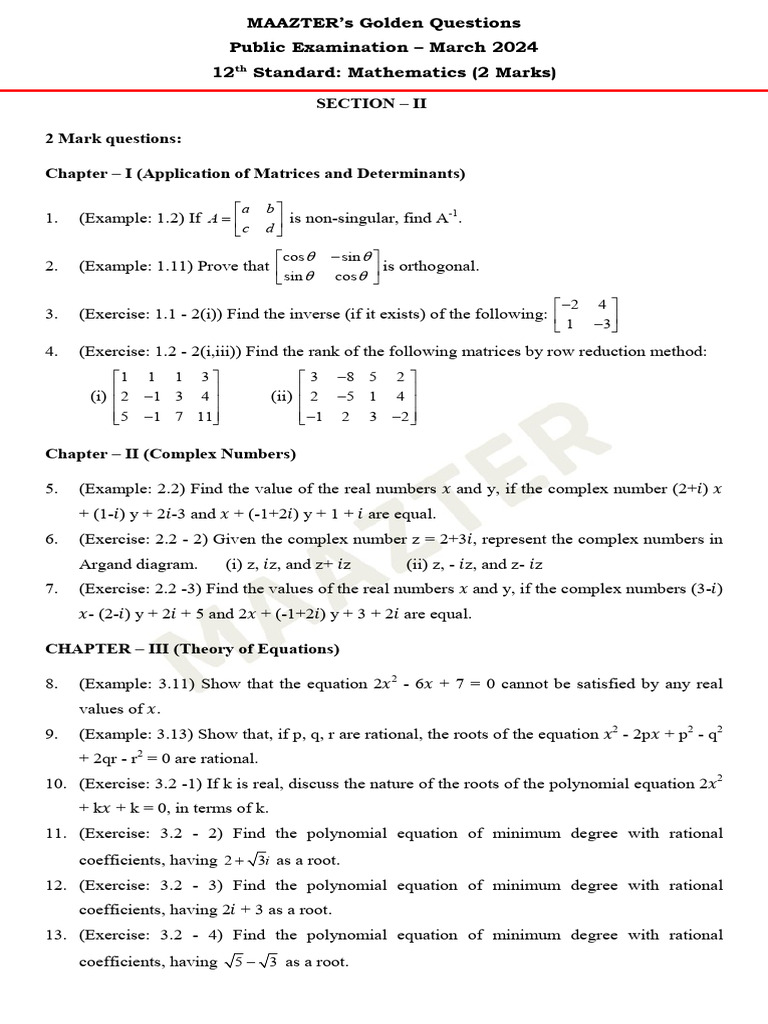12th Maths 2 Marks Golden Questions | PDF | Polynomial | Zero Of A Function
