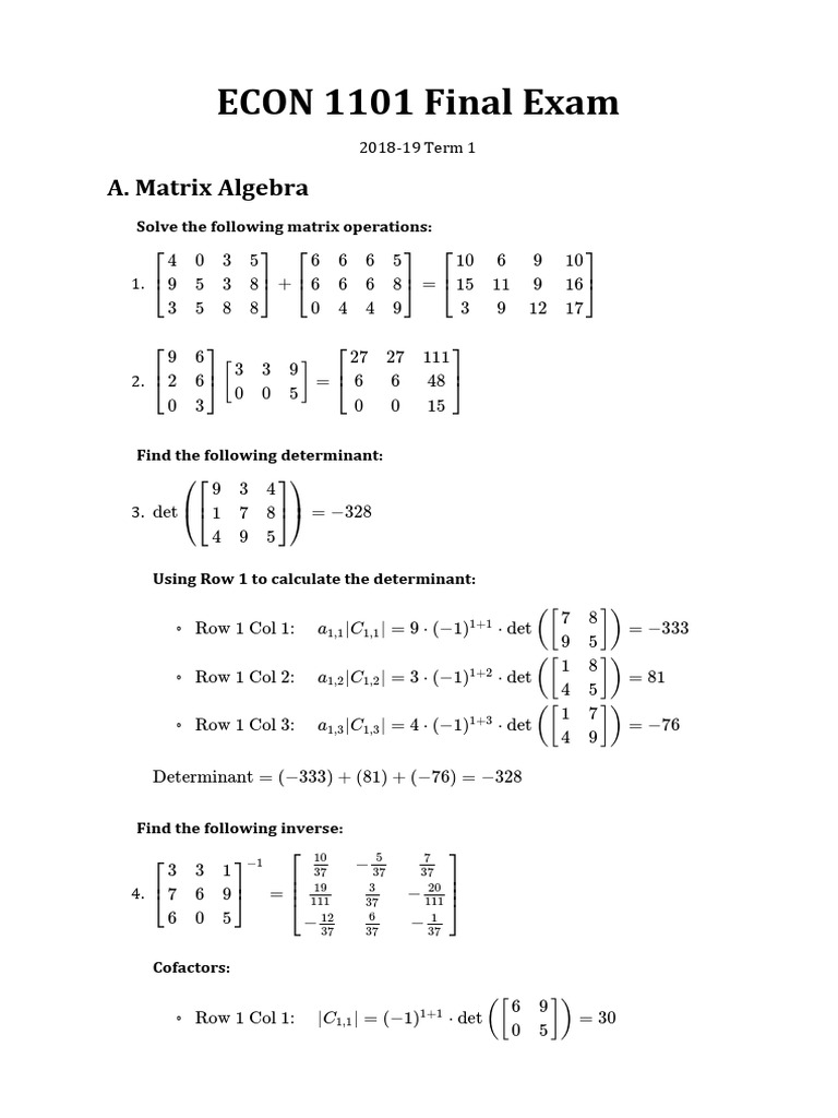 ECON 1101 Final Exam Matrix & Calculus | PDF | Vector Space | Linear ...