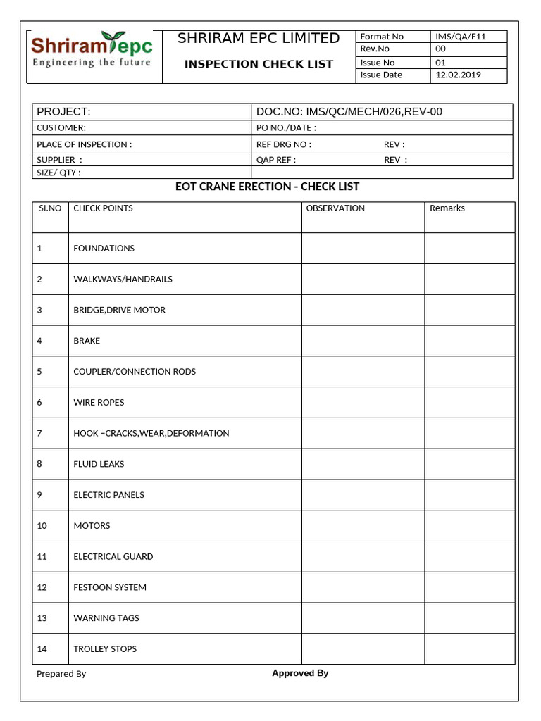 EOT Crane Erection Inspection Checklist | PDF