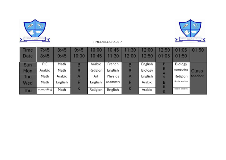 Grade 7 Timetable Overview | PDF