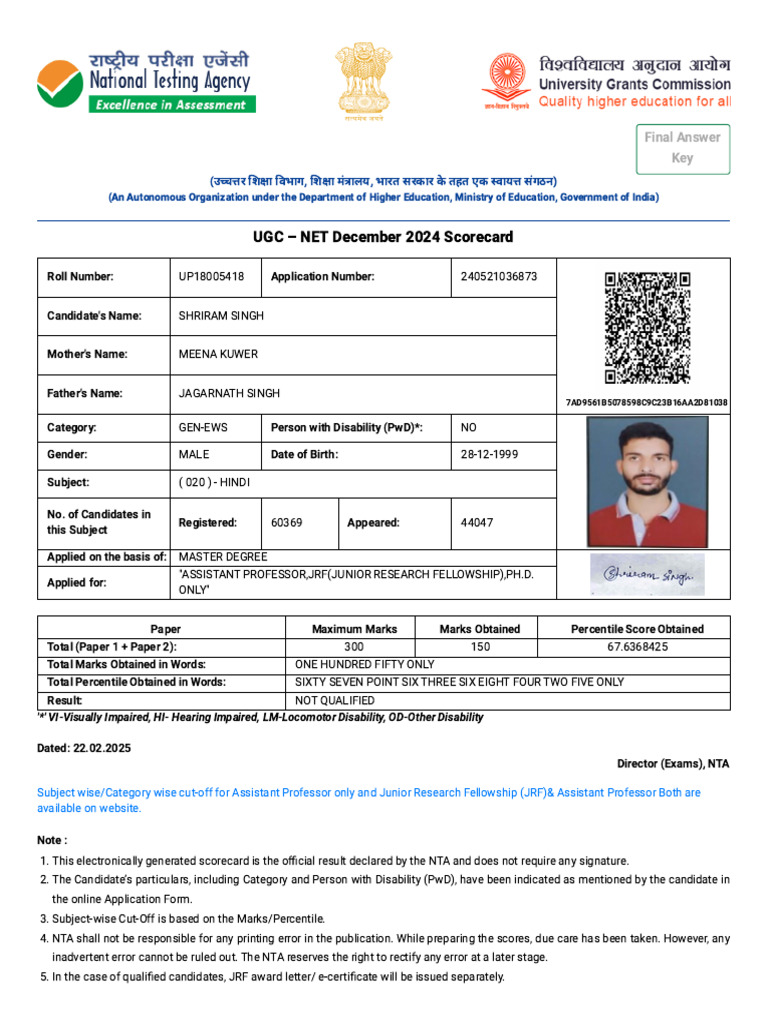 UGC-NET December 2024 Scorecard Details | PDF