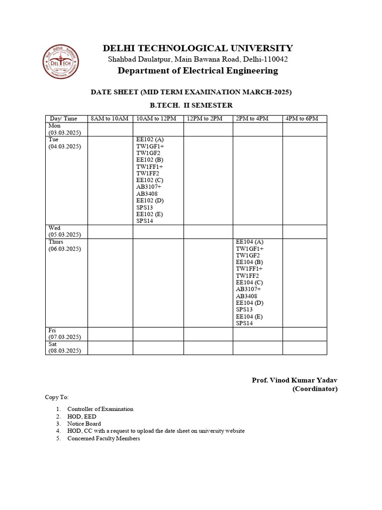 DTU Mid Term Exam Date Sheet 2025 | PDF