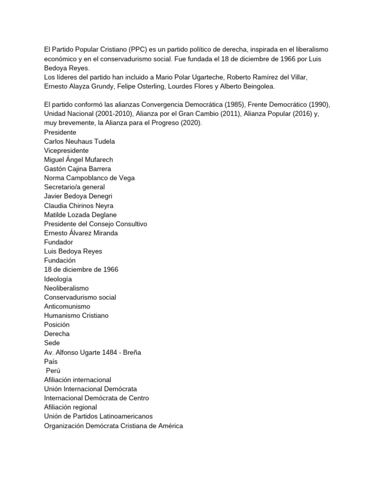 Historia y Líderes del PPC Perú | PDF