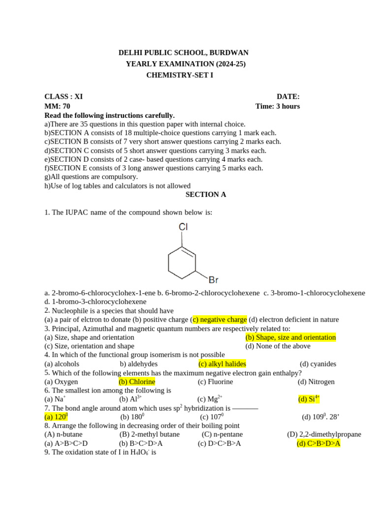 Class XI Chemistry Exam Paper 2024-25 | PDF | Chemical Bond | Covalent Bond