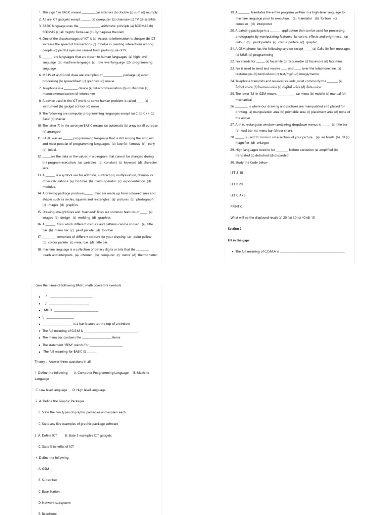INFORMATION TECHNOLOGY EXAM QUESTIONS FOR JSS2 SECOND | PDF | Fax | Basic