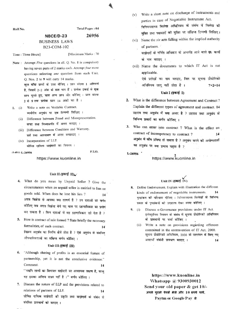 Bcom Part 1 Business Laws 26956 Dec 2023 | PDF