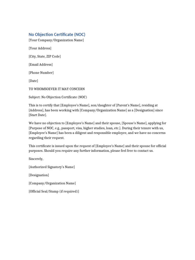 No Objection Certificate Template | PDF