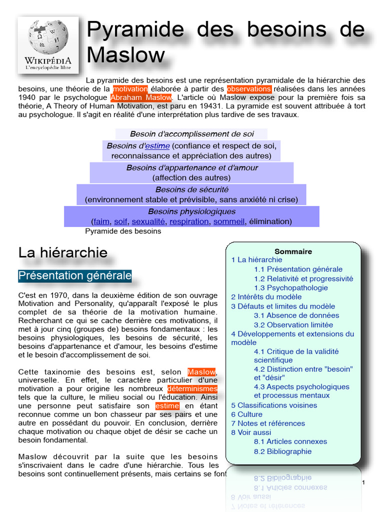 Pyramide des besoins de Maslow expliquée | PDF | Psychologie | Concept ...