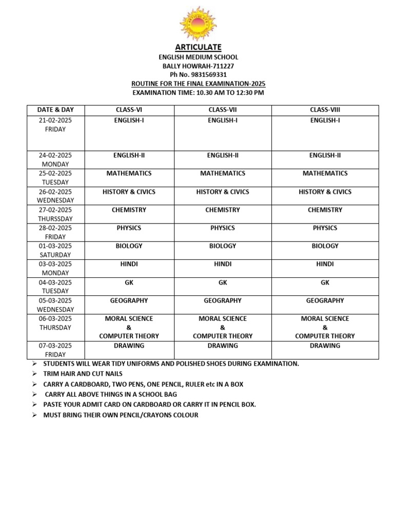 Final Exam Routine 2025 - Articulate School | PDF
