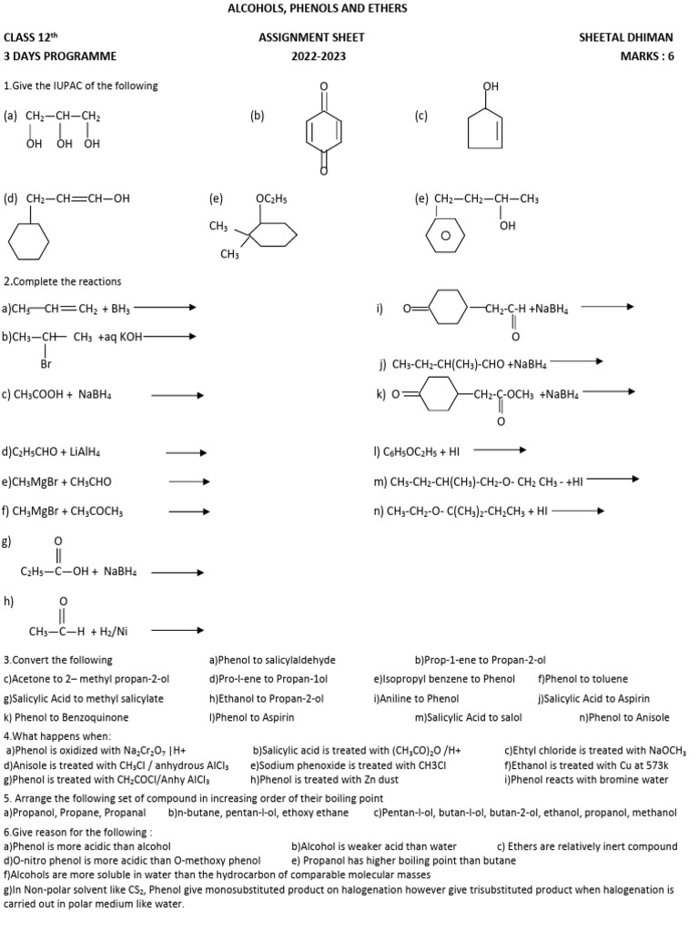 Class 12 Assignment on Alcohols and Ethers | PDF | Ether | Methyl Group