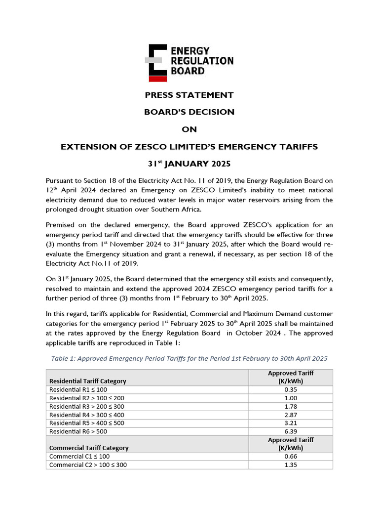 ZESCO Emergency Tariff Extension 2025 | PDF | Public Utility | Energy ...