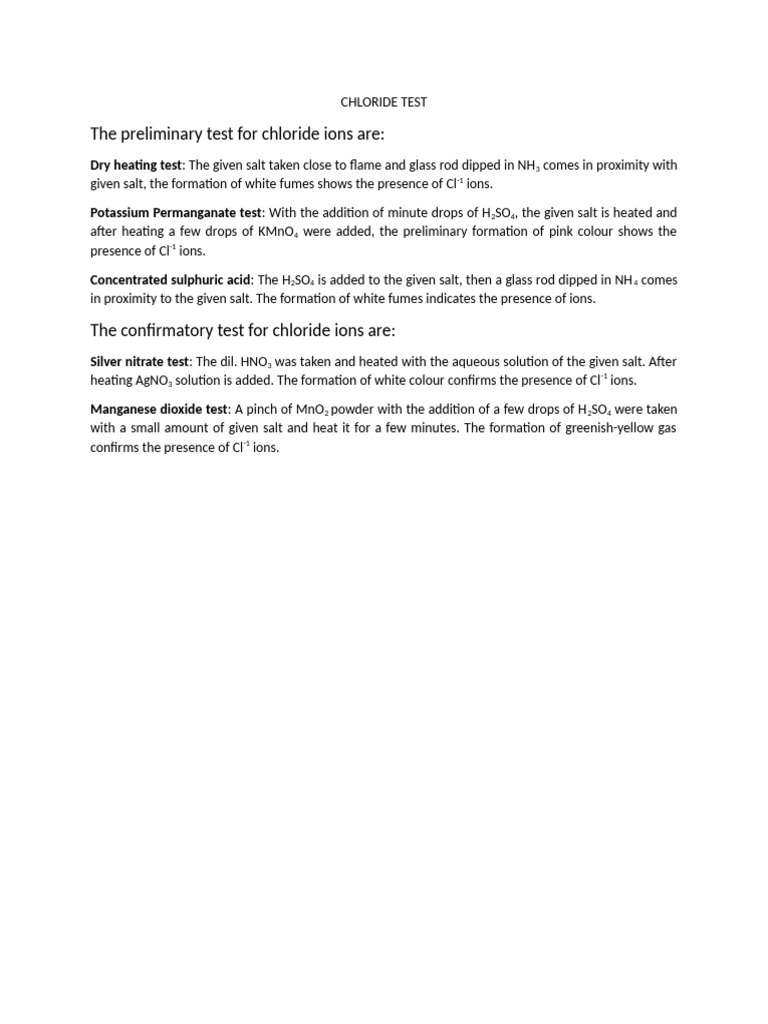Chloride Ion Detection Tests | PDF