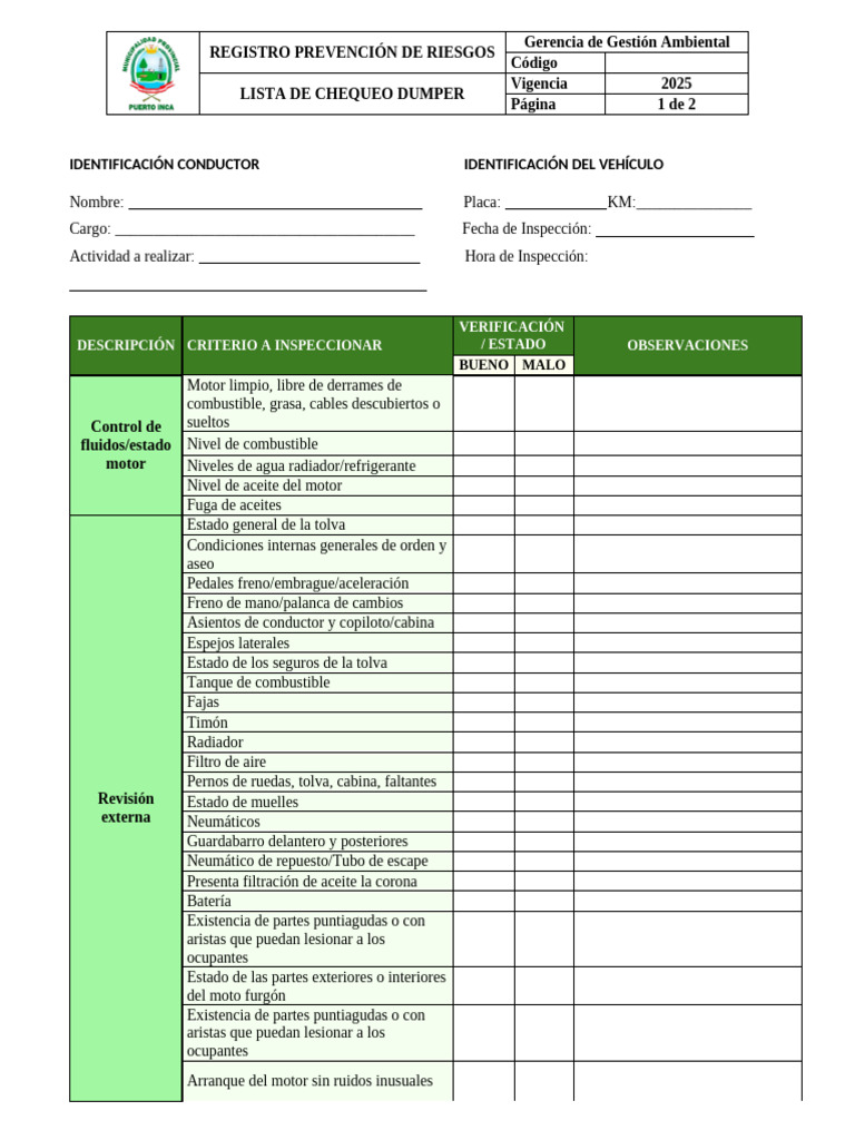 Lista de Chequeo Dumper 2025 | PDF | Neumático | Vehículos terrestres