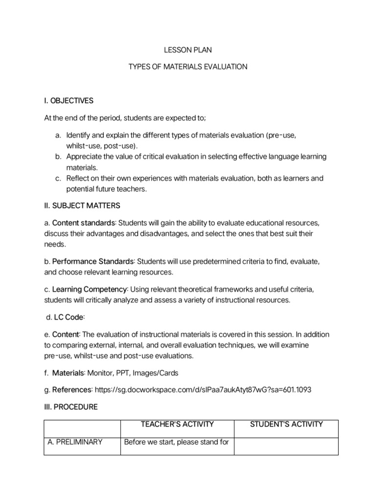 Types Of Materials Evaluation In Education Pdf Learning Evaluation