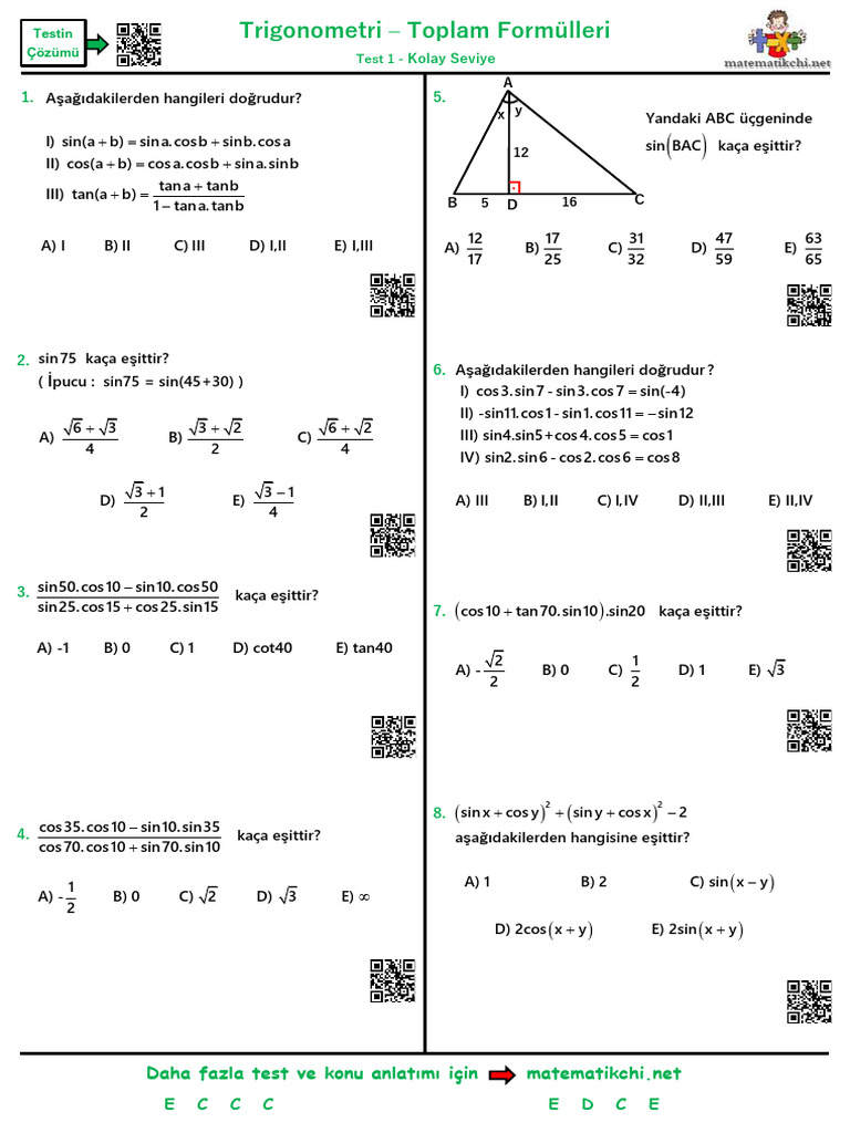 Trigonometri Toplam Formülleri Test 1 K | PDF