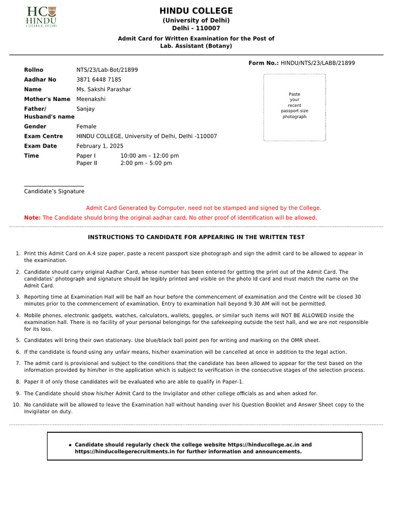 Admit Card for Lab Assistant Exam | PDF