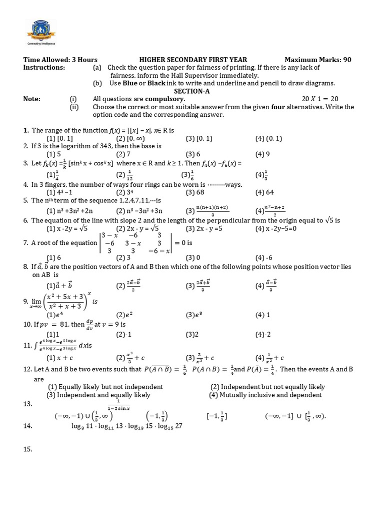 Higher Secondary First Year Exam Paper | PDF | Matrix (Mathematics ...