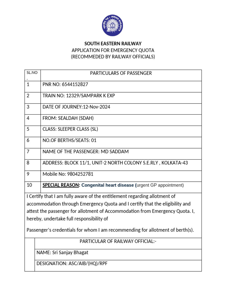 Emergency Quota Application for Travel | PDF