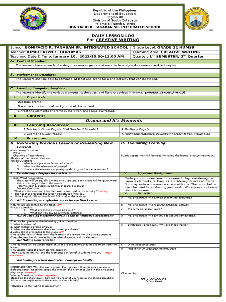 Grade 12 Creative Writing Lesson Plan | PDF | Educational Technology ...