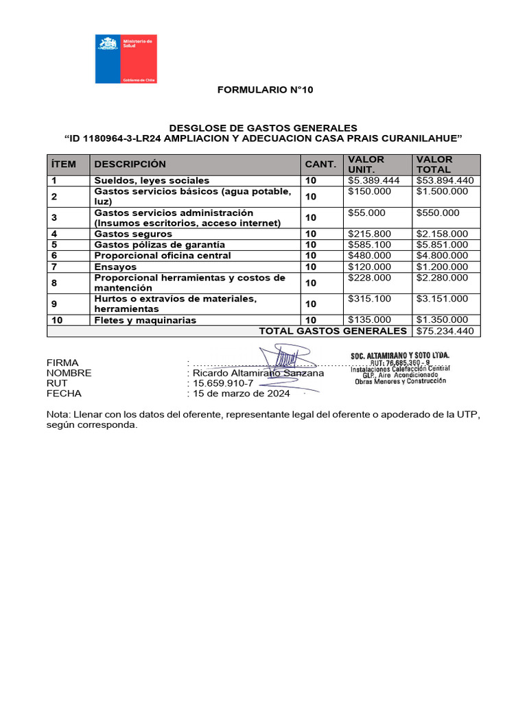 Formulario #10 DESGLOSE DE GASTOS GENERALES | PDF