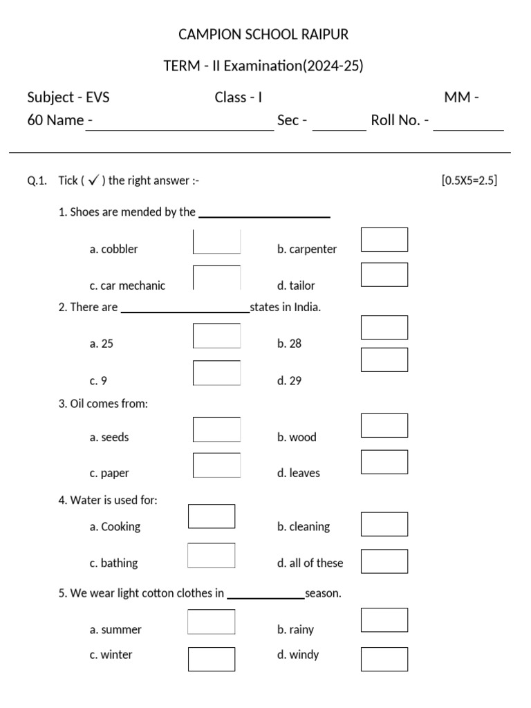 Class 1 EVS Term 2 Exam Paper | PDF