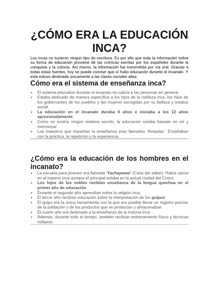 ¿Como Era La Educación en Los Incas | PDF | Imperio Inca
