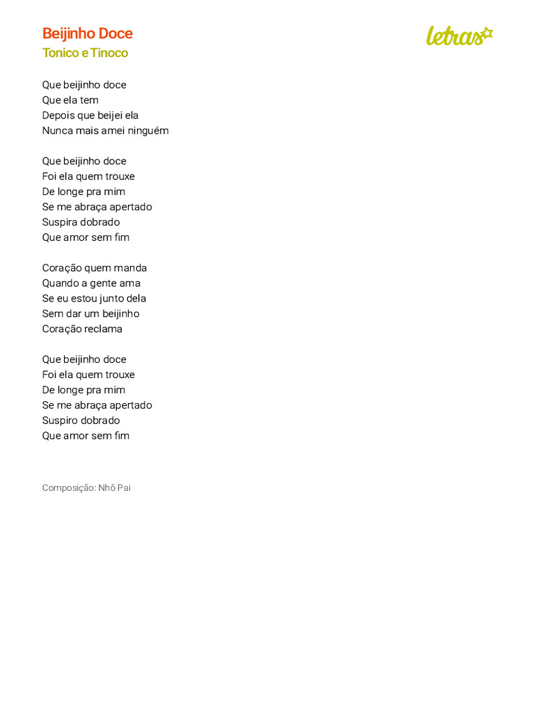 Letra de Beijinho Doce | PDF